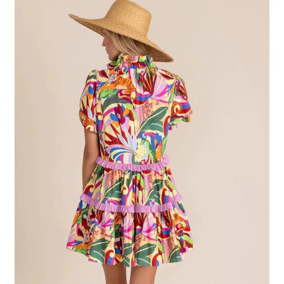 NEW Alden Adair Rainforest colorful festive Puff Sleeve Minidress Size MD tiered - Picture 2 of 14